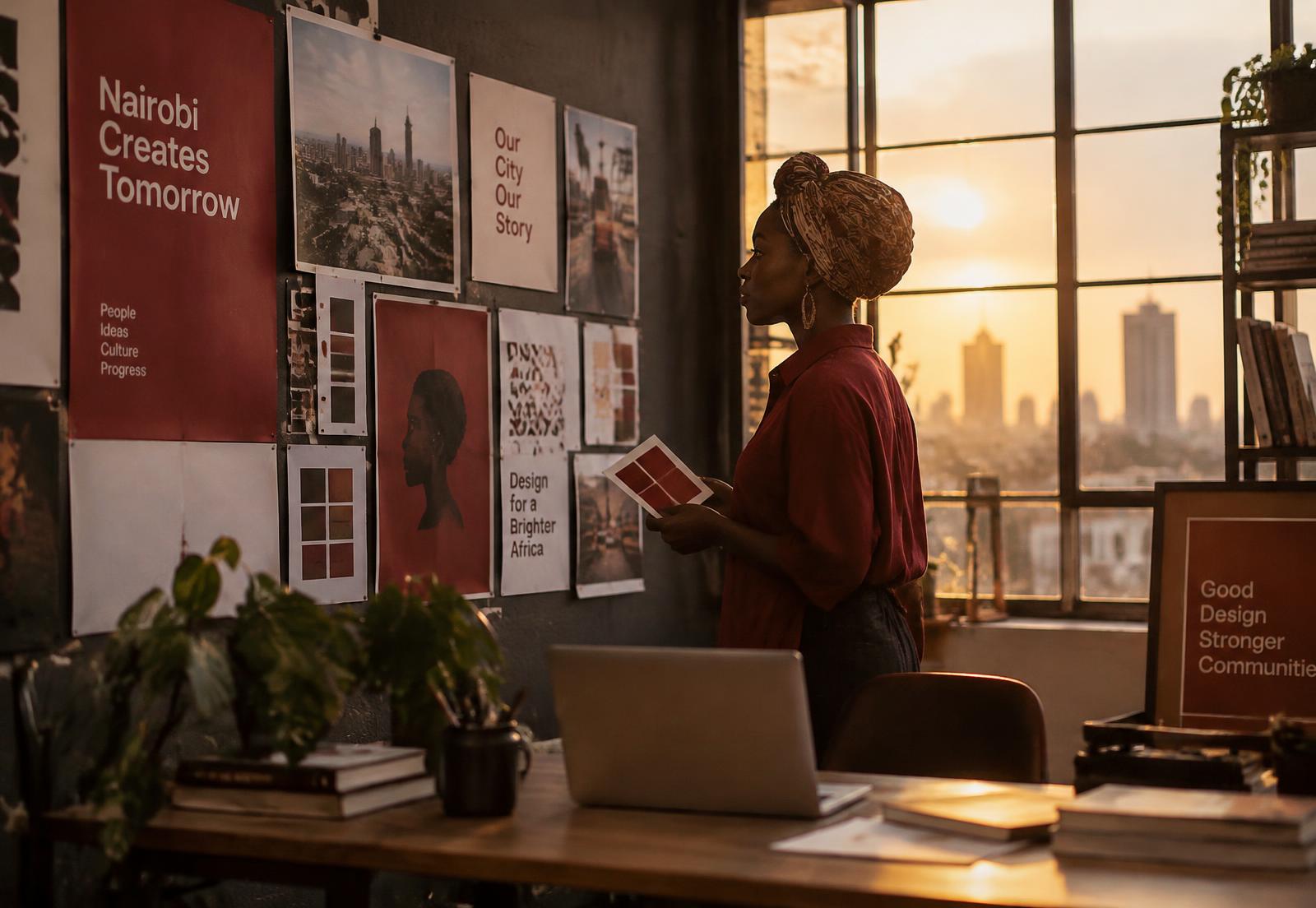 A designer reviewing brand posters and colour swatches in a Nairobi studio
